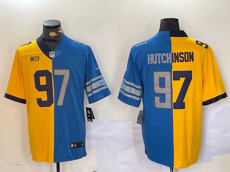 Men%27s Detroit Lions #97 Aidan Hutchinson Yellow Blue Split Vapor Limited Stitched Jerseys Dzhi->green bay packers->NFL Jersey